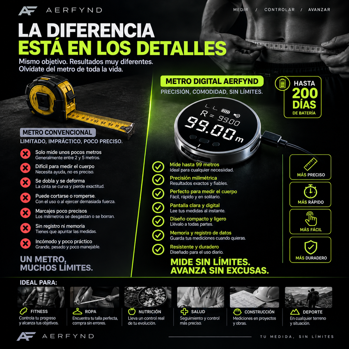 Medidor digital de distancia portátil 0-99m | Superficies Curvas y Blandas | Carga USB-C | AERFYND