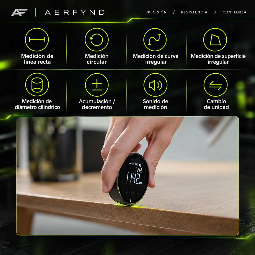 Medidor digital de distancia portátil 0-99m | Superficies Curvas y Blandas | Carga USB-C | AERFYND