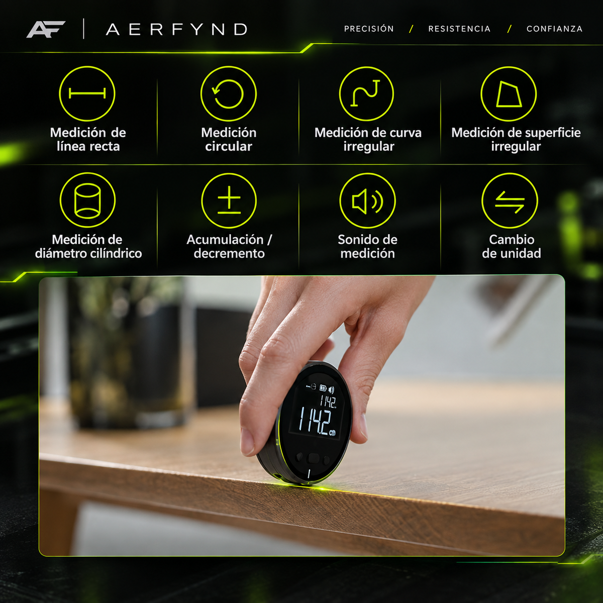 Medidor digital de distancia portátil 0-99m | Superficies Curvas y Blandas | Carga USB-C | AERFYND