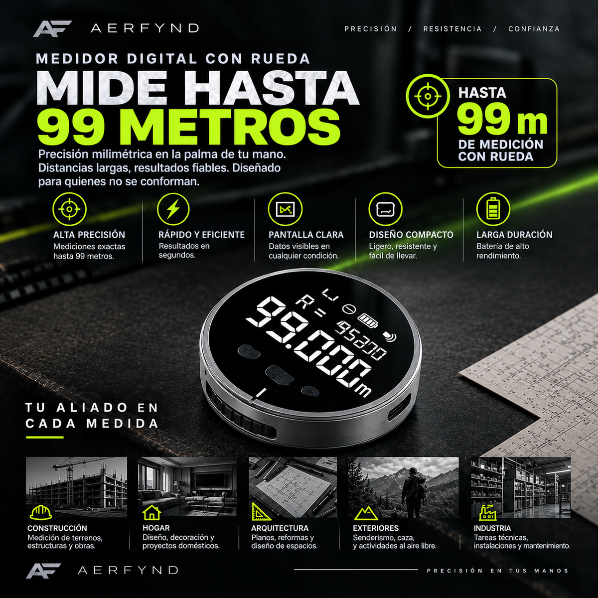 Medidor digital de distancia portátil 0-99m | Superficies Curvas y Blandas | Carga USB-C | AERFYND
