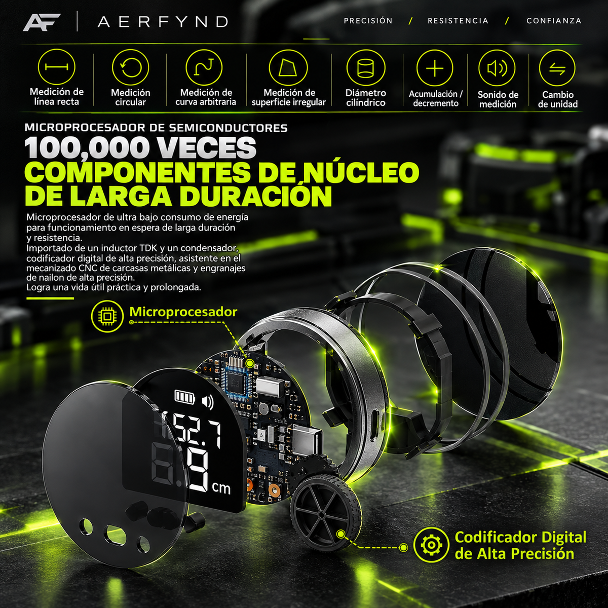 Medidor digital de distancia portátil 0-99m | Superficies Curvas y Blandas | Carga USB-C | AERFYND