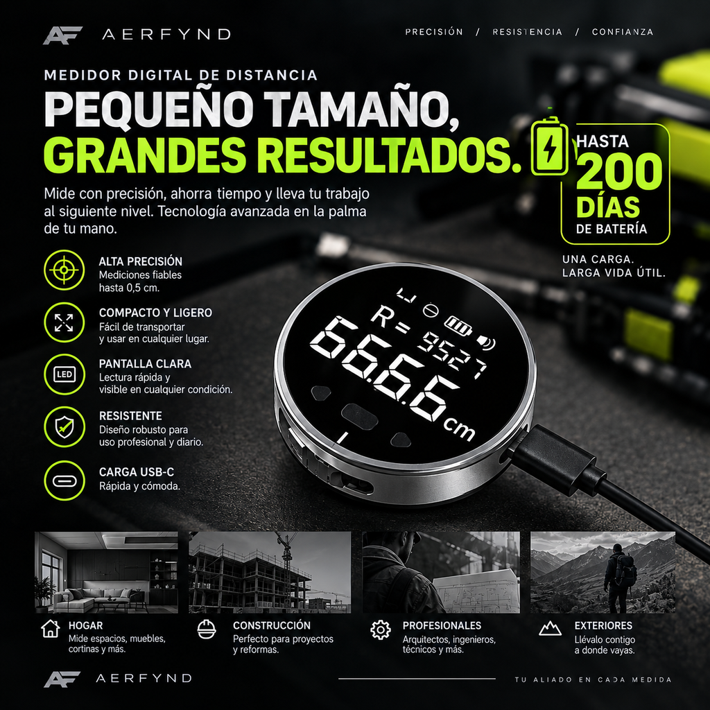 Medidor digital de distancia portátil 0-99m | Superficies Curvas y Blandas | Carga USB-C | AERFYND