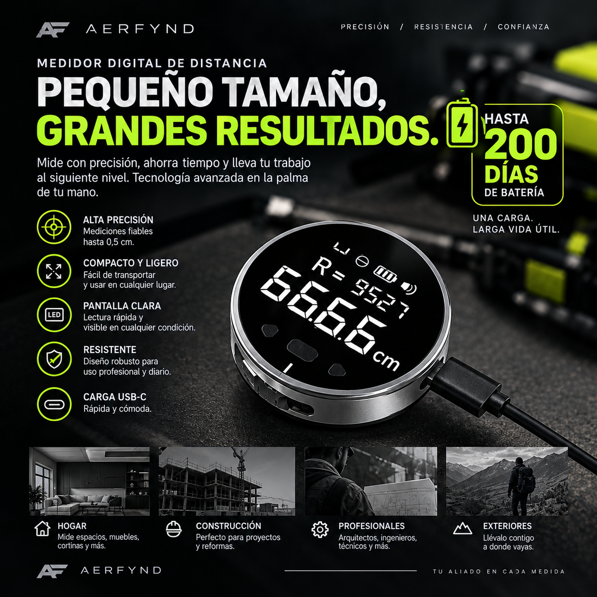 Medidor digital de distancia portátil 0-99m | Superficies Curvas y Blandas | Carga USB-C | AERFYND