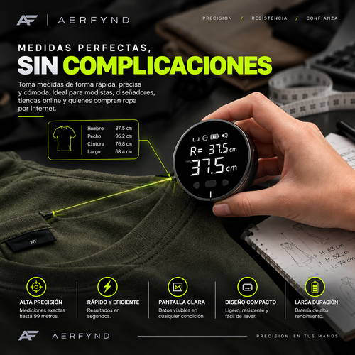 Medidor digital de distancia portátil 0-99m | Superficies Curvas y Blandas | Carga USB-C | AERFYND